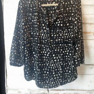 NYDJ Pleatback 3/4 Sleeve Blouse Top Womens large White Black Business Casual 